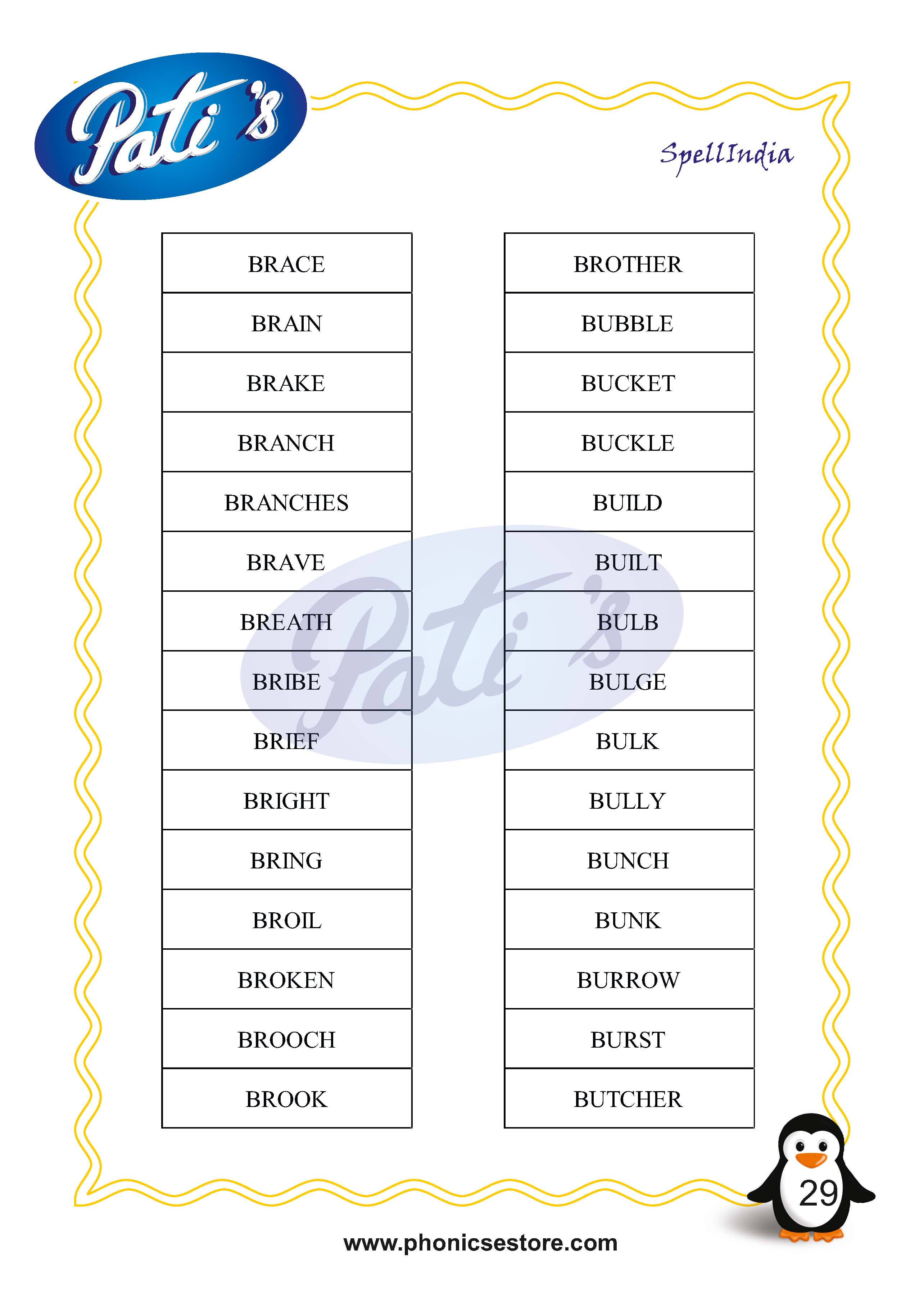 Pati Spelling Bee word list Class 2 Grade 2